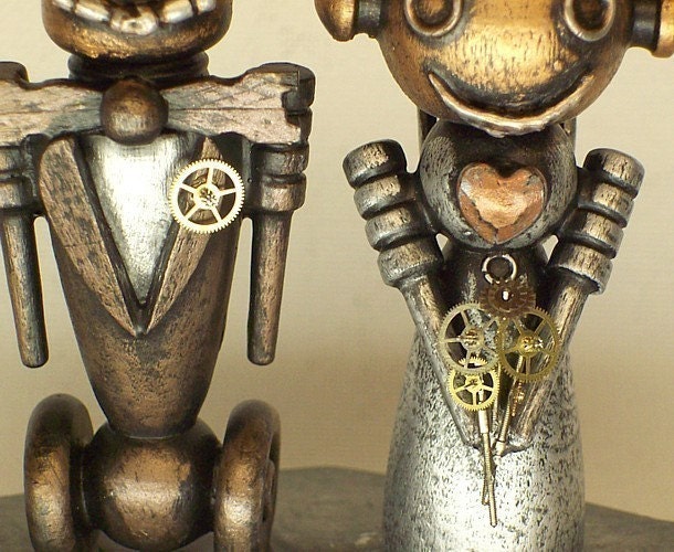 Robot Bride and Groom Wedding Cake Topper Wood Statues with Base