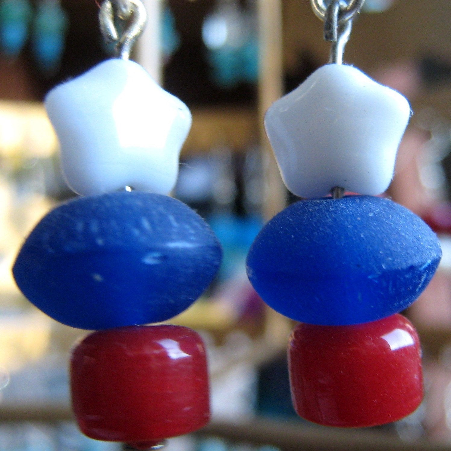 Red, White and Blue Patriotic Nautical Beaded Silver Star Earrings