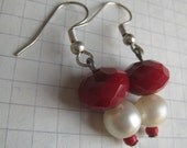 Ruby Red Faceted Glass and Upcycled Pearl Dangly Silver Earrings