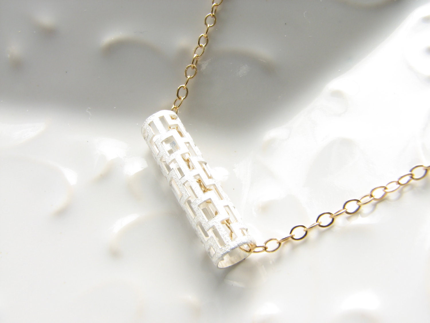 Silver tube necklace silver beaded gold chain necklace silver tube bead necklace