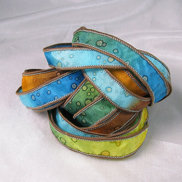 Hand Dyed Silk Ribbons Jewelry - Ribbon bracelet pendant Wrist wrap - Quintessence - Summer Sparkle