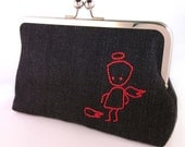 Clutch purse, hand embroidered 20cm / 8 inches - OH DEAR - angel with broken wing, red on black