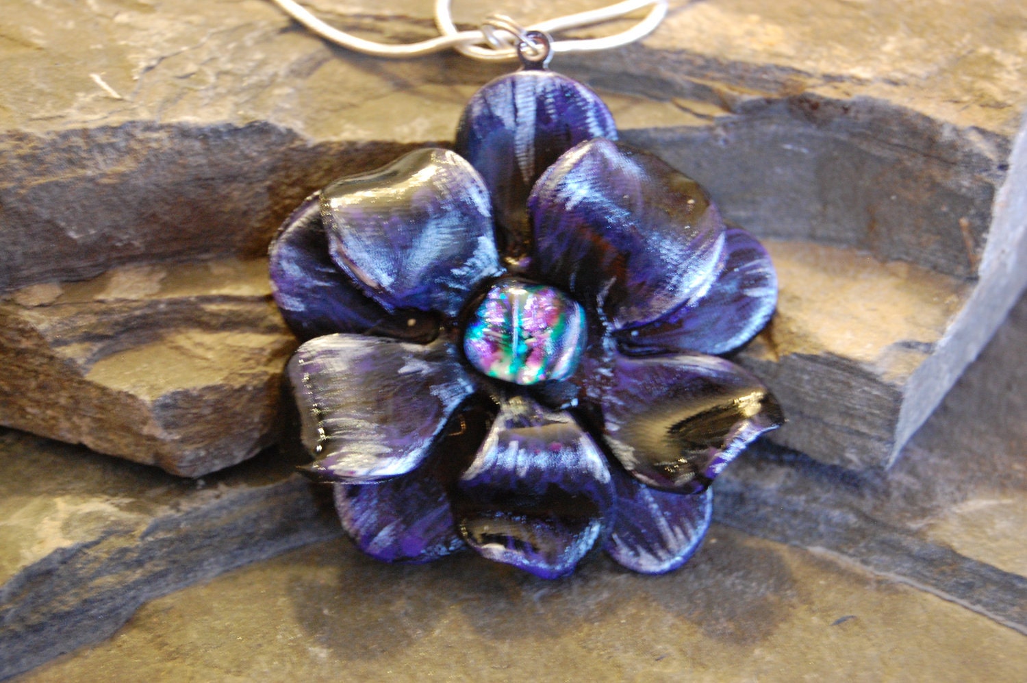 Handmade polymer clay flower pendant  (Purple and black)