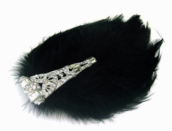 Black Feather & Vintage Rhinestone Hair Clip or Fascinator - RAVEN LIGHT - alligator clip - OOAK Art Deco Etsy uk 1920s gatsby