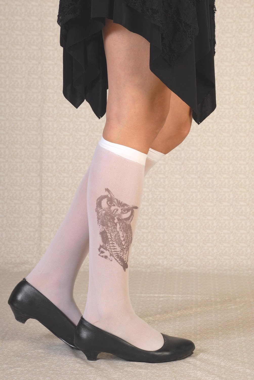 Printed Socks - OWL / tattoosocks / white knee height socks / bird