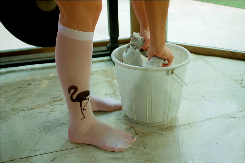 Tatto Socks - Flamingo bird / Flamingos / birds / white socks / nude socks / nude tights
