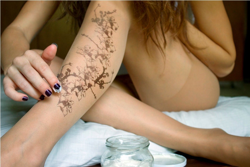 Tattoo Tights- Sakura bloom / Moulin Rouge / full length / stockings / nylons NUDE