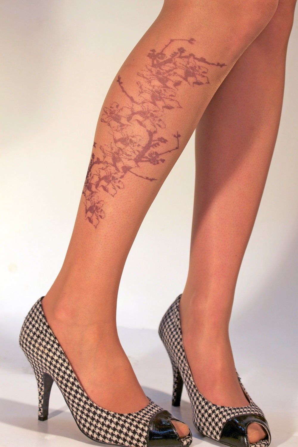 Tattoo Tights- Sakura bloom / Moulin Rouge / full length / stockings / nylons NUDE