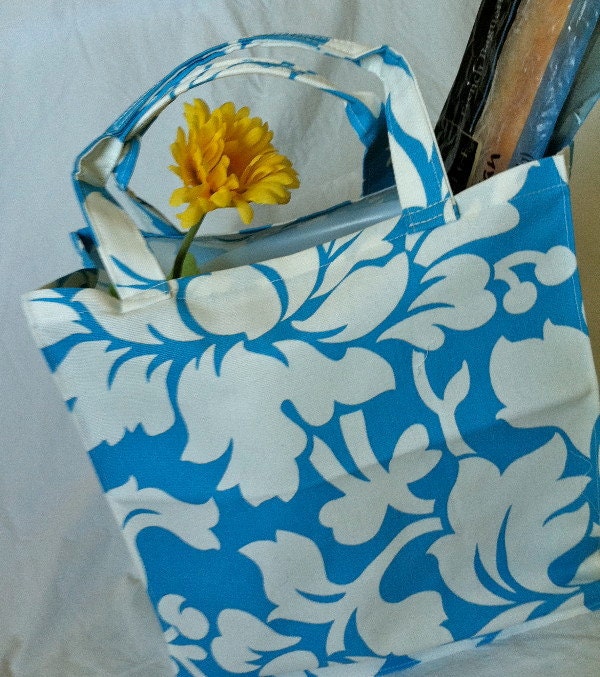 Grocery market shopping bag sturdy Ocean blue white large floral print