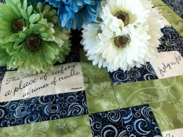 Lap quilt Bible Psalms scripture blue batik pale green floral