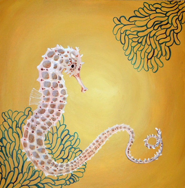 Original Seahorse Art "Adrift" painting by Amanda Christine 12x12 inches