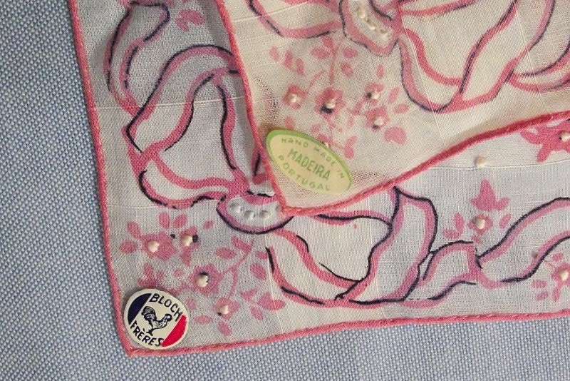 Exquisite vintage hand made Madeira ladies handkerchief multi colored linen