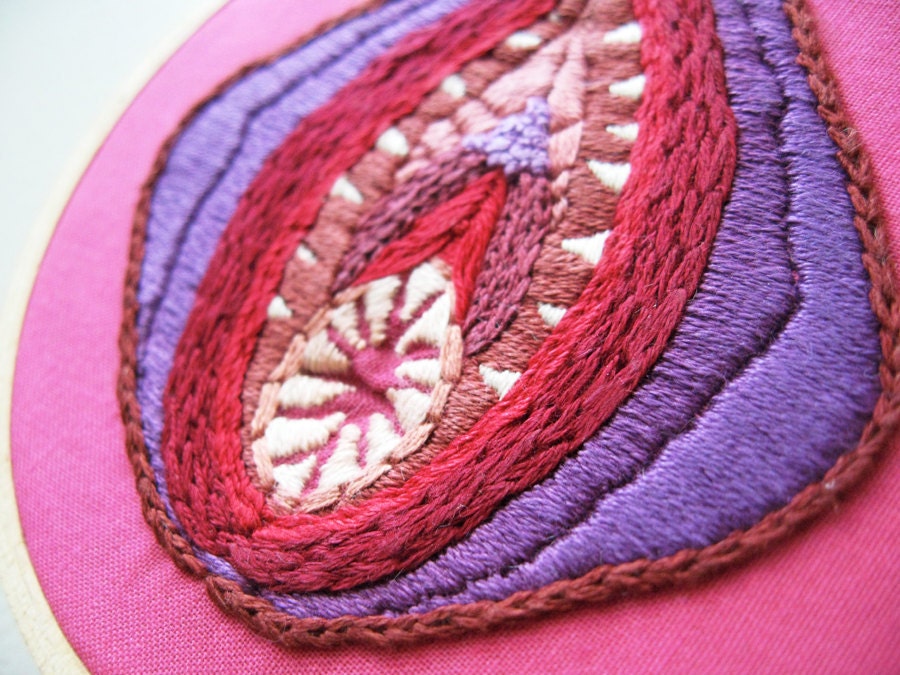 Hand Embroidered Vagina Art - Vagina Dentata in Purple and Pink - Mature - Free Shipping to any USA Location