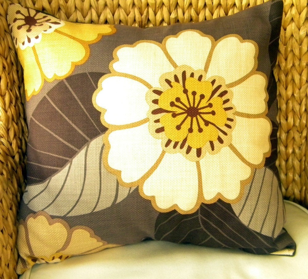 Designer Decorative Throw  Pillow Cover - Kravet - Just So - Large Scale Floral- Gray, Browns and Gold  18" Square -