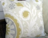 Decorative Pillow Cover - Suzani Print  - Gray, Honey/Khaki, Natural  - 18 Inches Square