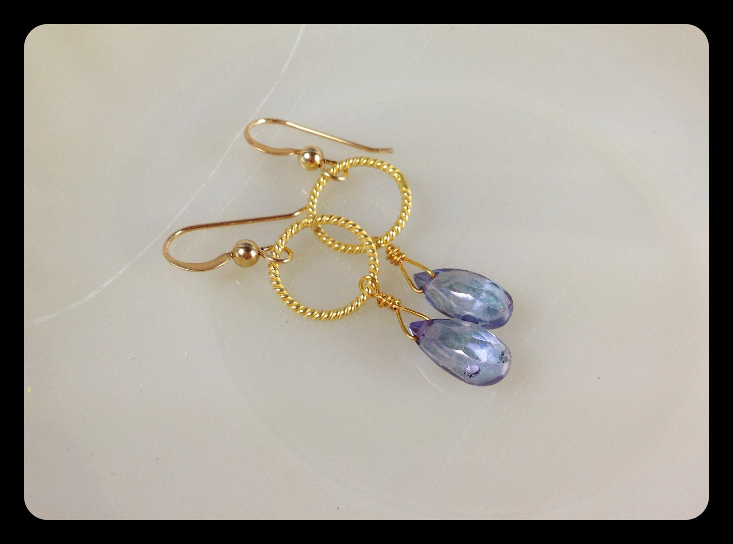 SALE Iridescent blue indigo denim Mystic Quartz drop earrings gold vermeil simple elegant
