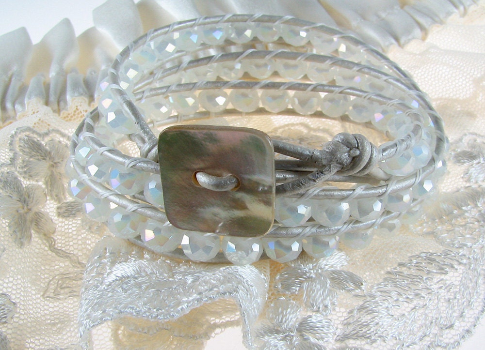 SALE Wedding white leather wrap white crystals off white metallic leather Chan Luu inspired bracelet