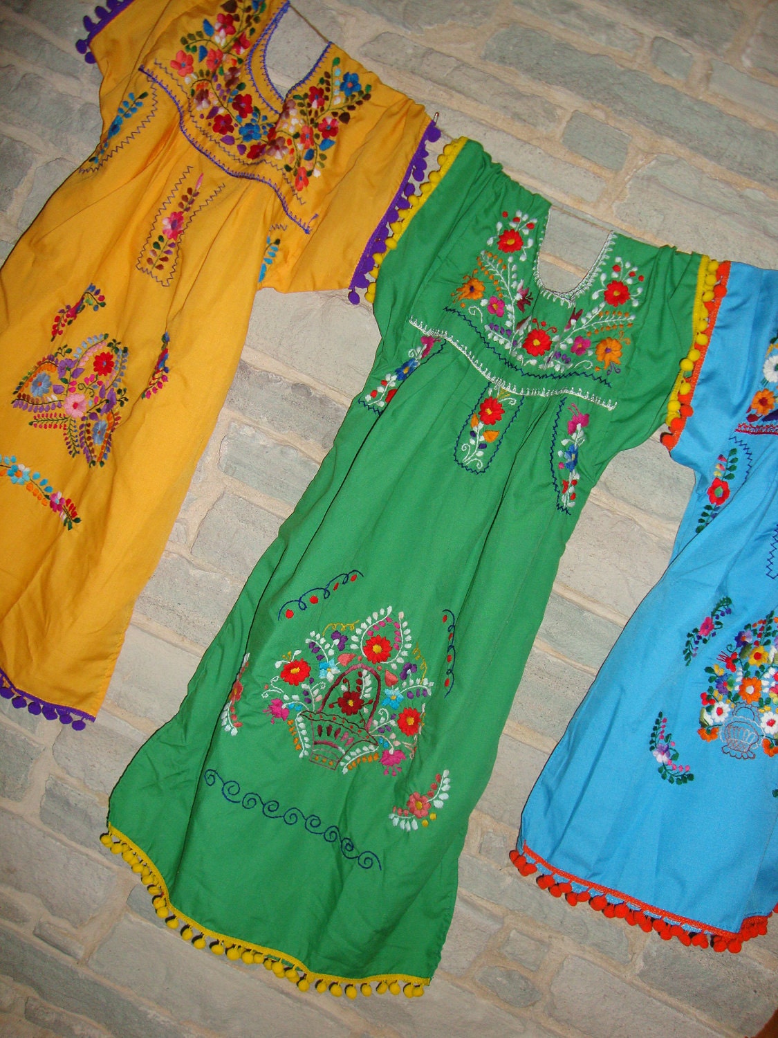 FREE SHIPPING Hand Embroidered Pom Pom Puebla Girl Mexican Dresses