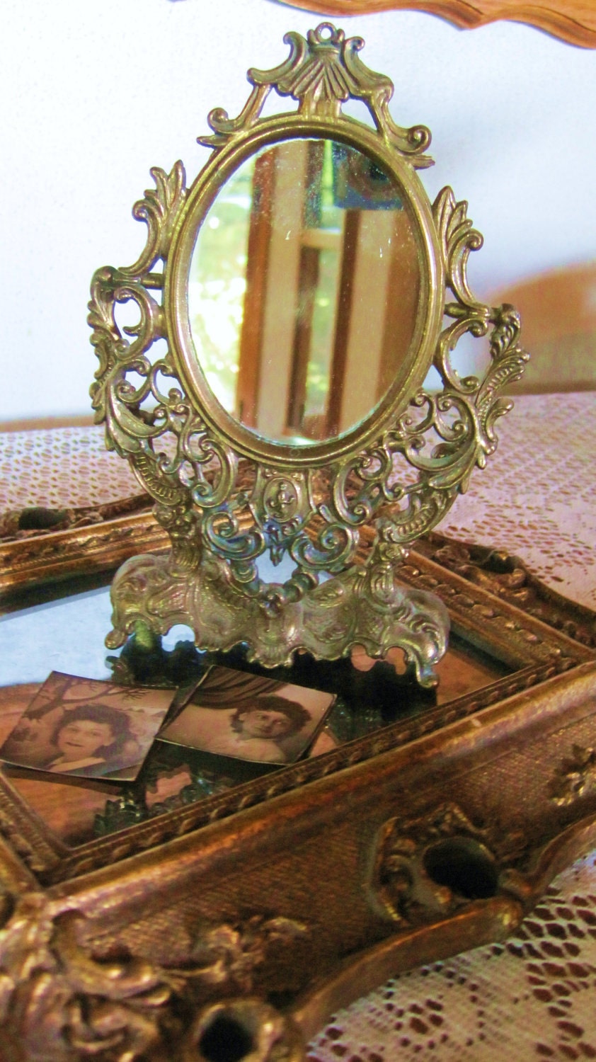 Antique Victorian Cast Metal Brass Finisihed Vanity Mirror