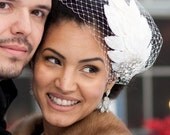 Bridal birdcage veil and Headpiece, Ballet Style Headdress ,light ivory velvet, leaves,Old Hollywood glamour.