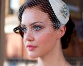 Vintage style Bridal Headpiece with detachable Birdcage veil in pleated silk. White, ivory, cream, champagne, black, blue, pink. AgnesHart
