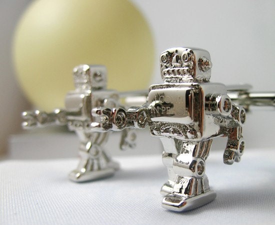 Free shipping - Mens Cufflinks-Fashion Cufflinks, Silver Robot ( I COME IN PEACE ) Design