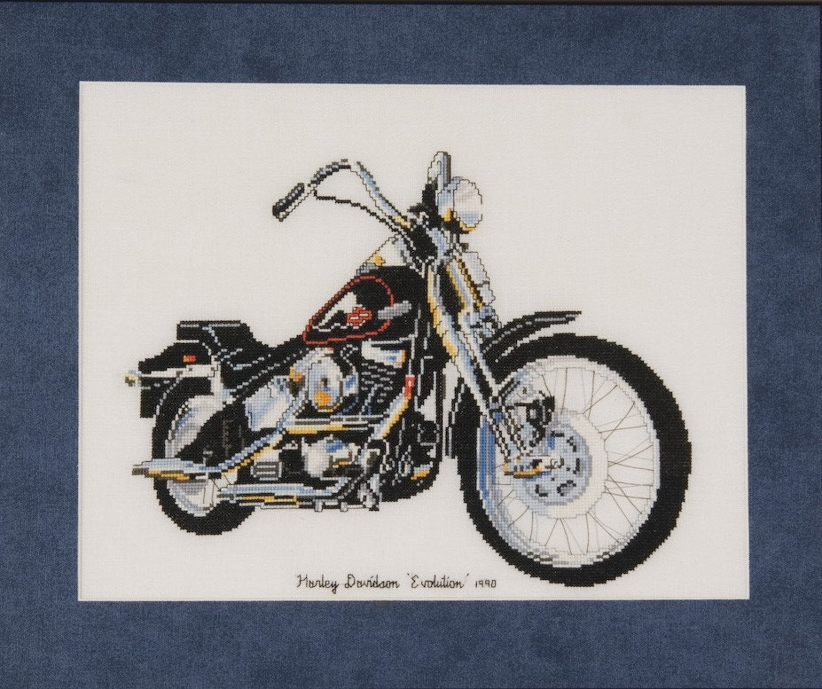 Harley Davidson Picture - Hand Stitched Framed Cross Stitch in Dark Silver & Gray Metallic Finish - Evolution 1990 - Gift for Him