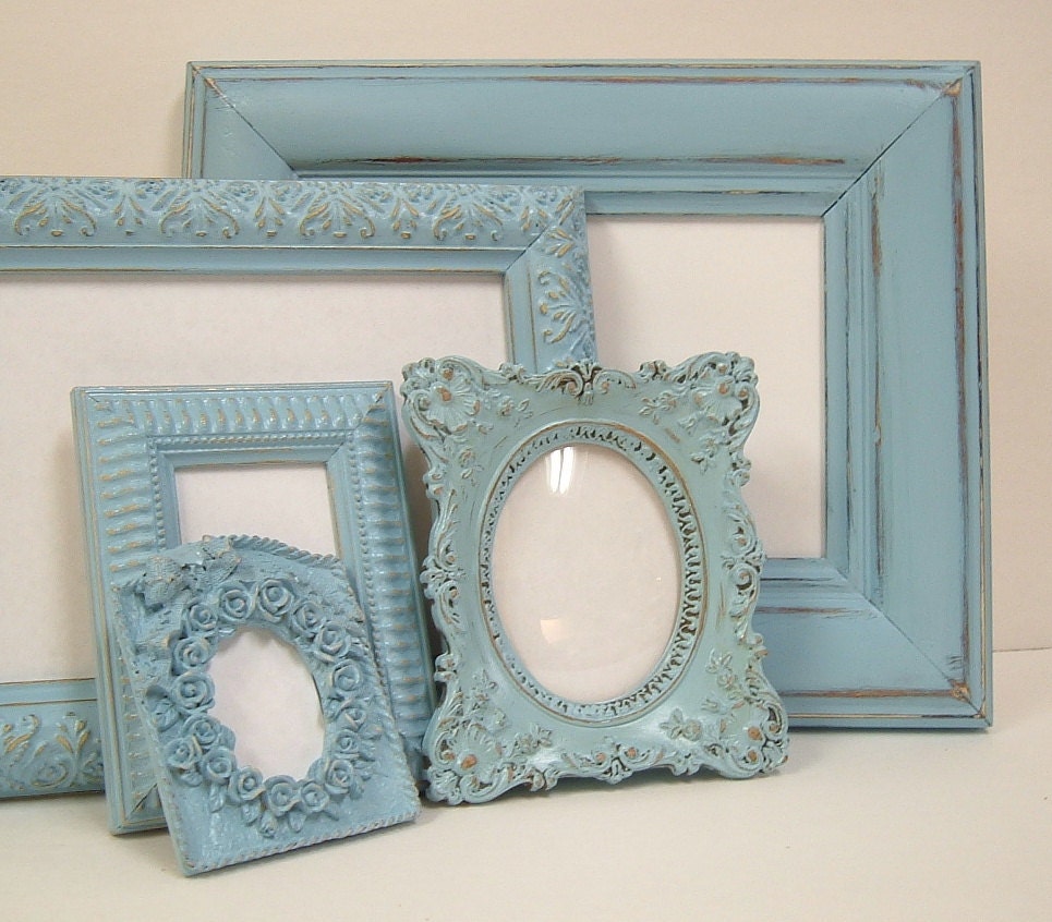 RESERVED for "L" Shabby Chic Picture Frames Frame Set French Blue Ornate Cottage Frames