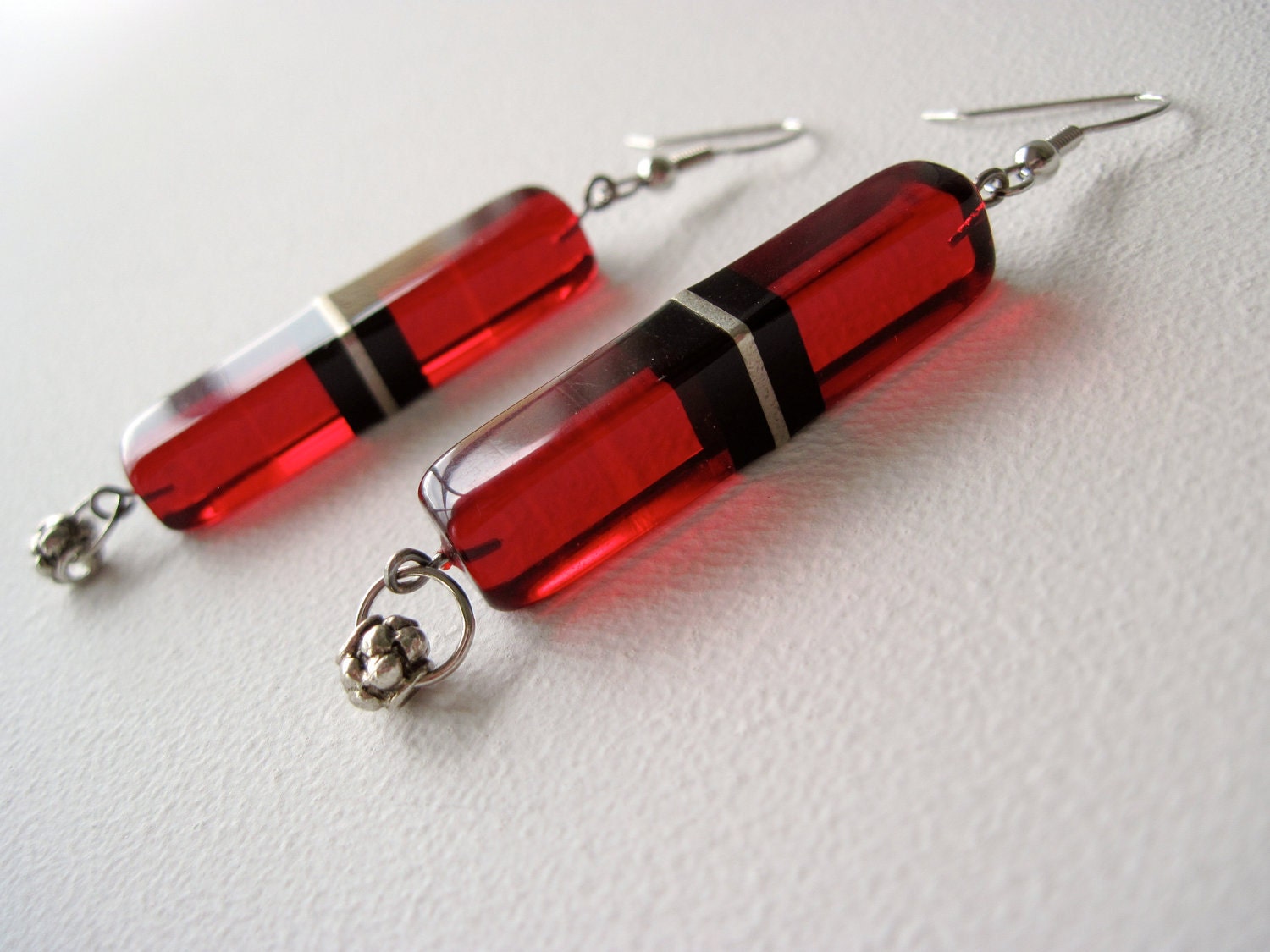 Cherry Red Deco Earrings - vintage lucite & sterling silver Art Deco Dangle Bead Jewelry