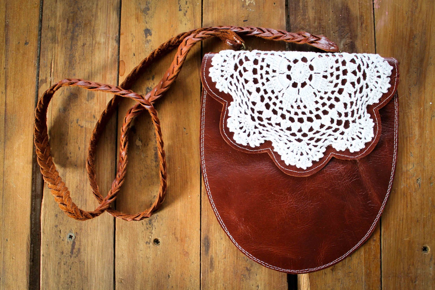 NZFINCH Red leather pouch with vintage doily