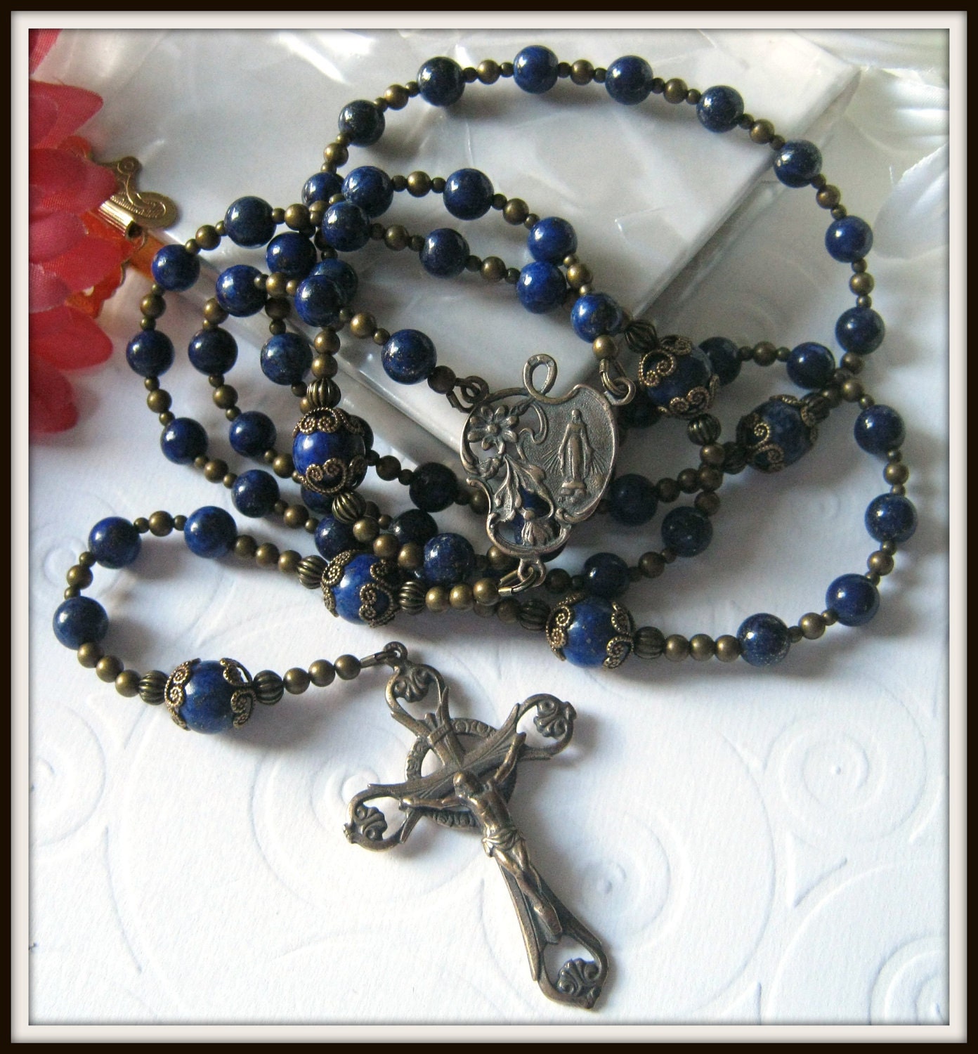 RESERVED for Larisa - Blue Lapis Lazuli Bronze Rosary for Women, Catholic Rosary w/ Miraculous Center