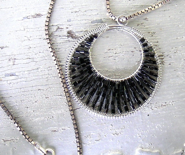 Half Moon Necklace Black Bead Necklace Sterling Silver