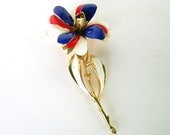 Vintage Enamel Flower Brooch Red White Blue Large Pin