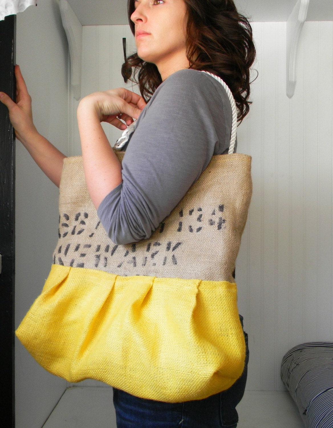 Recycled Coffee Bean Bulap Purse with Amy Butler Midwest Modern Fabric and Yellow Burlap Pleated Bottom