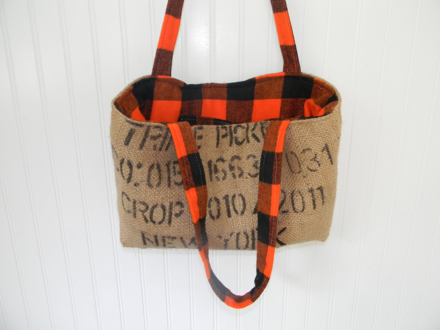 FREE SHIPPING    Coffee Bean Burlap Fall Orange and Black Plaid Tote