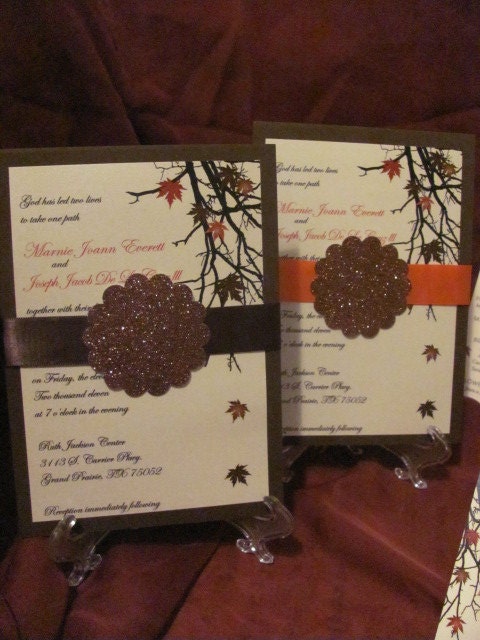 Fall Wedding Invitations, leaves, orange, red, tree branches, autumn