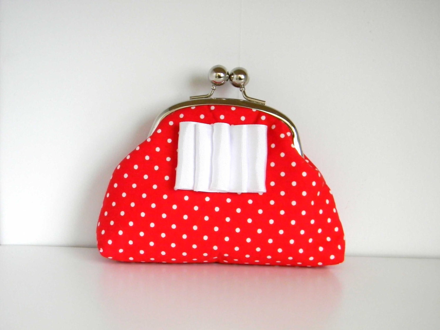 Clutch Purse Kiss Lock Red White Polka Dots Bow Ribbon Christmas