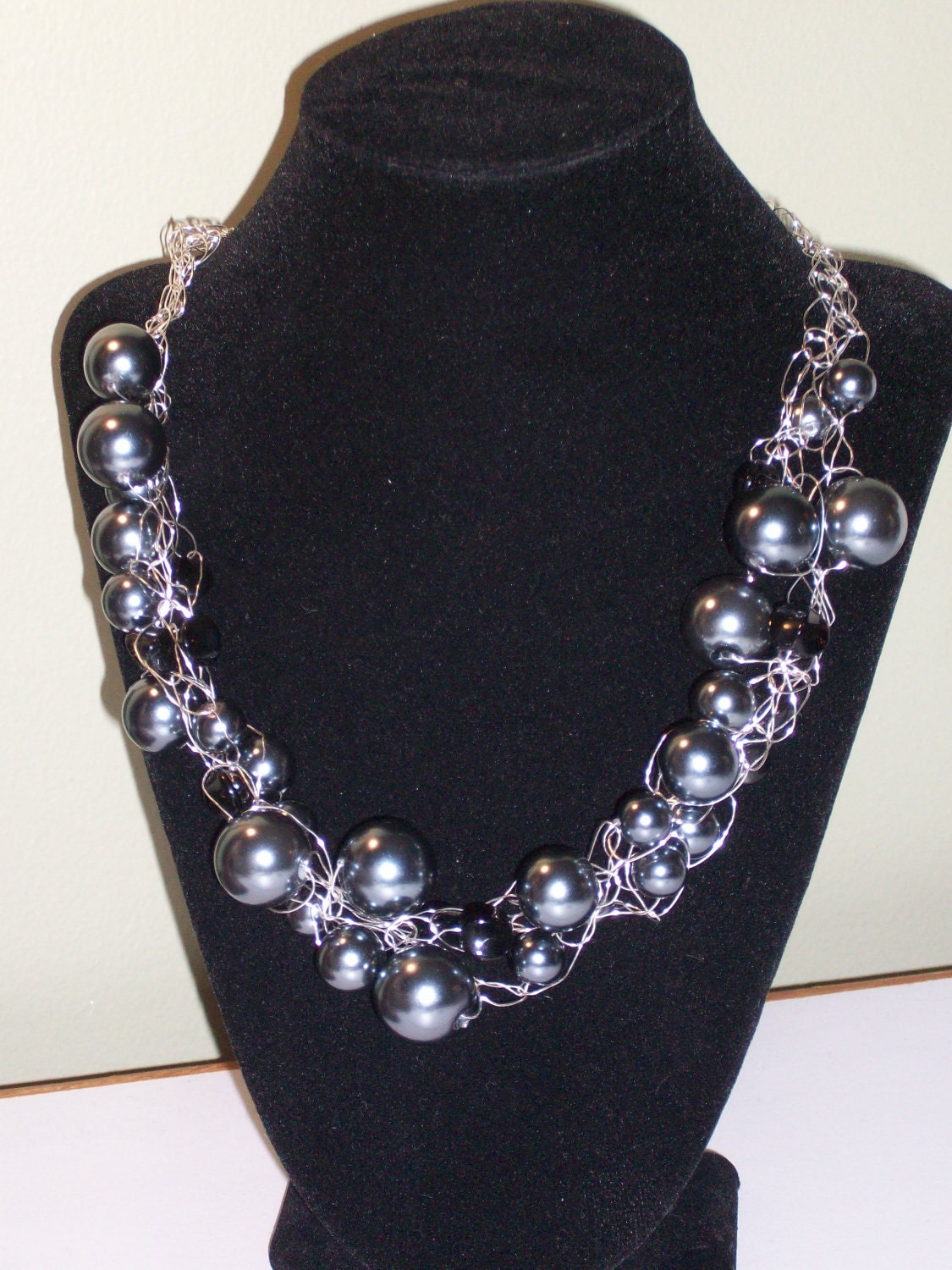 Silver and Black Crochet Wire Necklace