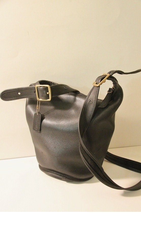 Vintage Coach black leather bucket duffle hand Bag by grassdoll