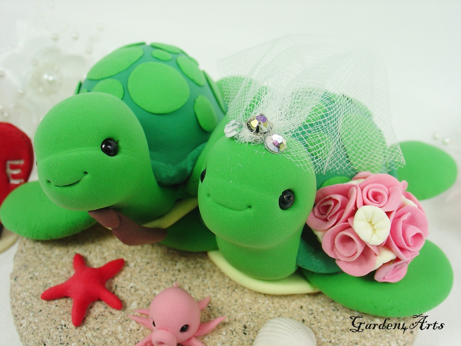 Green Sea Turtle Wedding Cake Topper - with Sand Base for Summer Beach Wedding