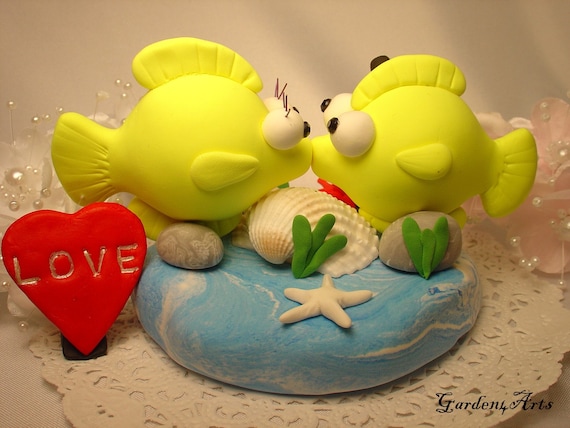 Custom Yellow Tang Fish Love Wedding Cake Topper with Ocean Base - for Summer Ocean Theme Wedding