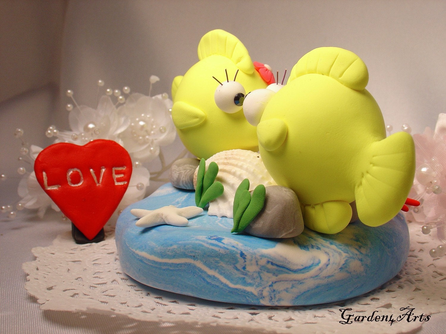 Custom Yellow Tang Fish Love Wedding Cake Topper with Ocean Base - for Summer Ocean Theme Wedding
