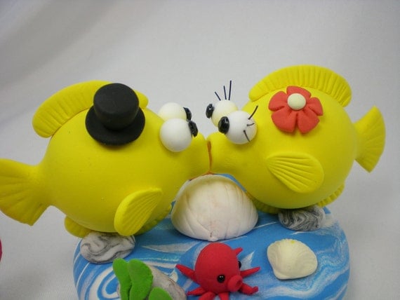 Custom Yellow Tang Fish Love Wedding Cake Topper with Ocean Base - for Summer Ocean Theme Wedding