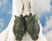 Wisdom of the Owl Earrings - green - animal - bird - totem - SALE