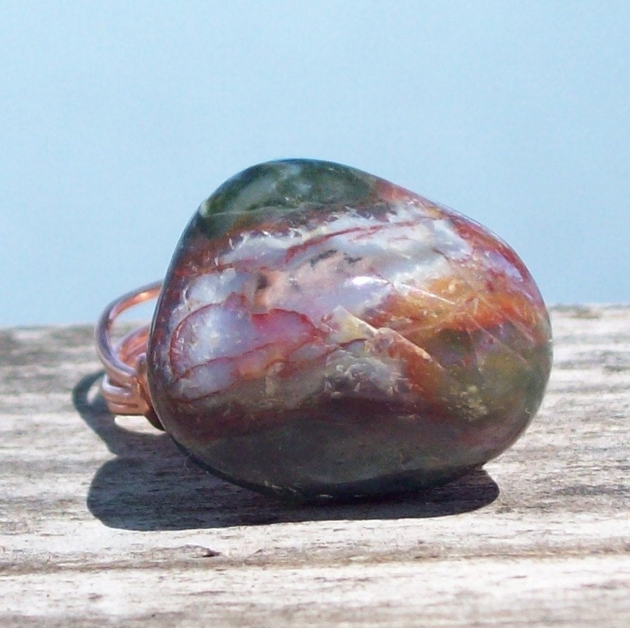 Around the Fire Ring - fancy jasper stone - copper wire wrapped - size 6 3/4 - 7