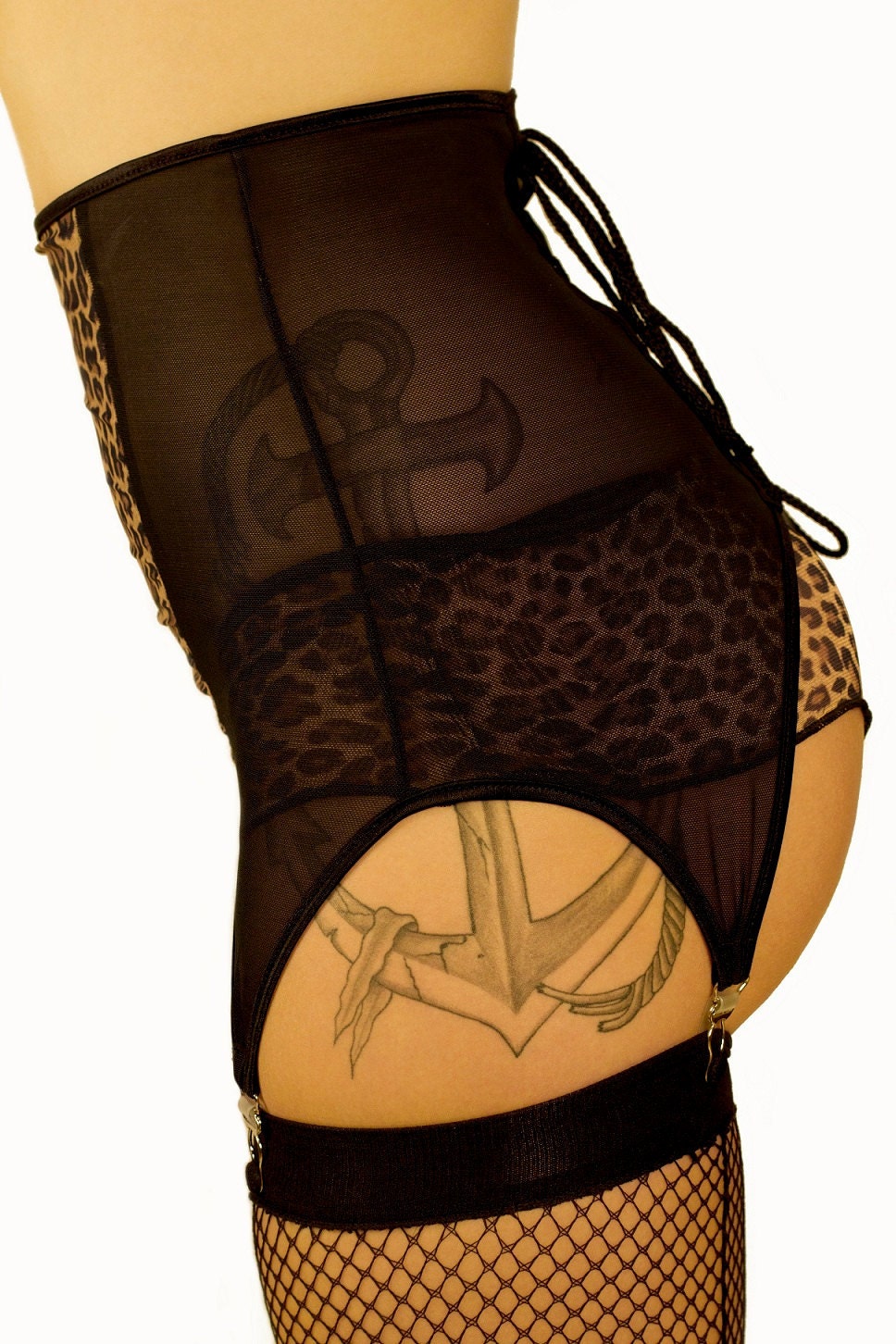 Powernet and Leopard Print 4 Clip Garter Belt.