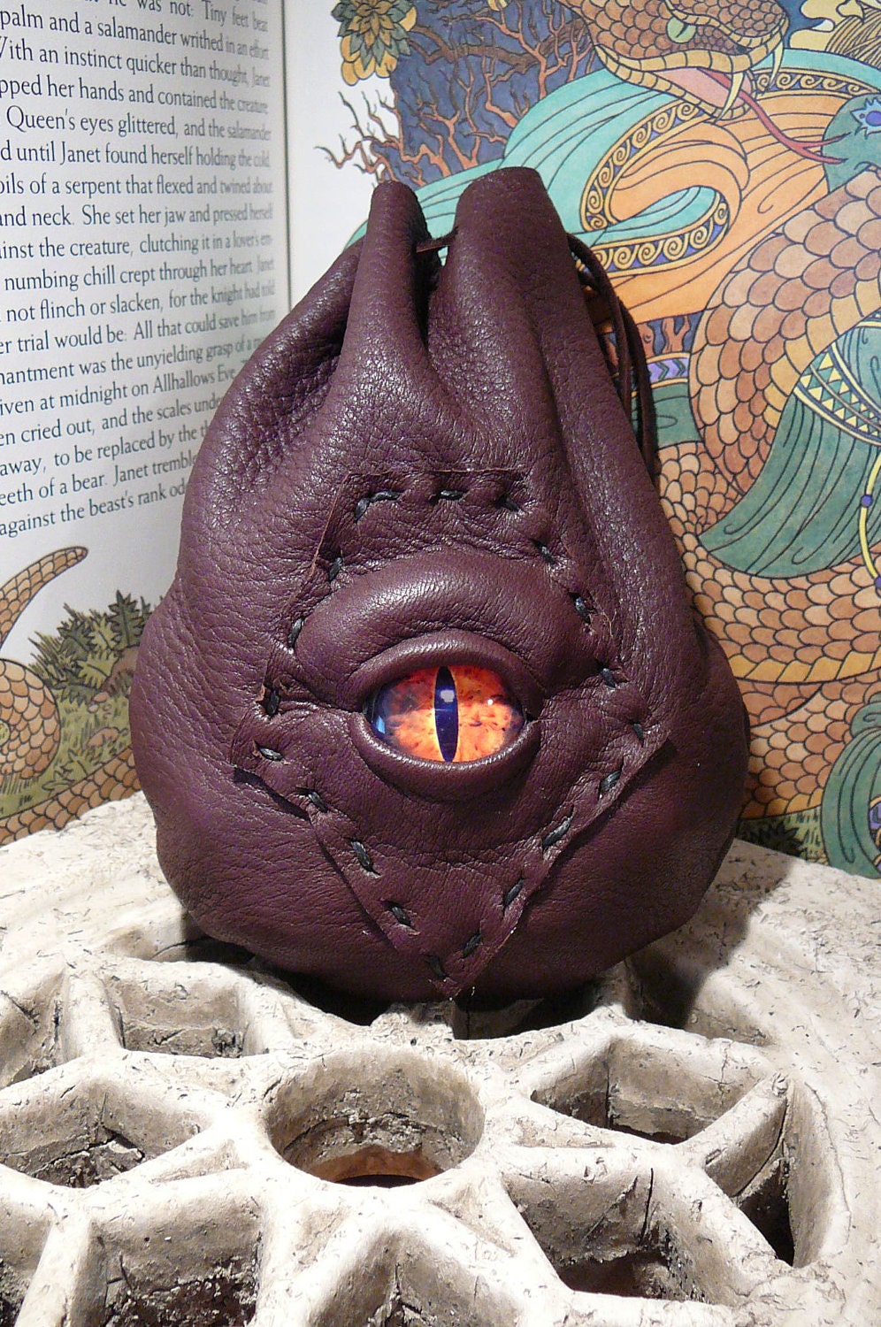 Reserved for TheWitte1-------Dragon eye dice bag (Brown leather with Fiery Orange eye)