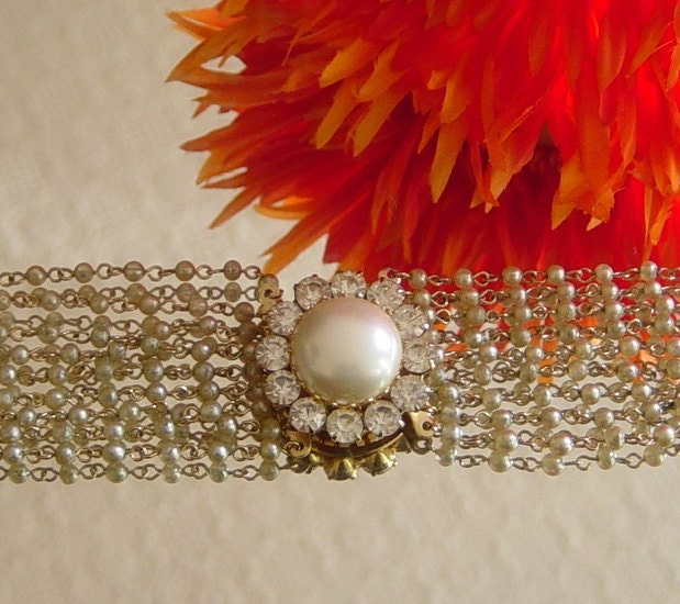 Rhinestone Cuff SALE: Vintage Faux Pearl Clasp Bracelet