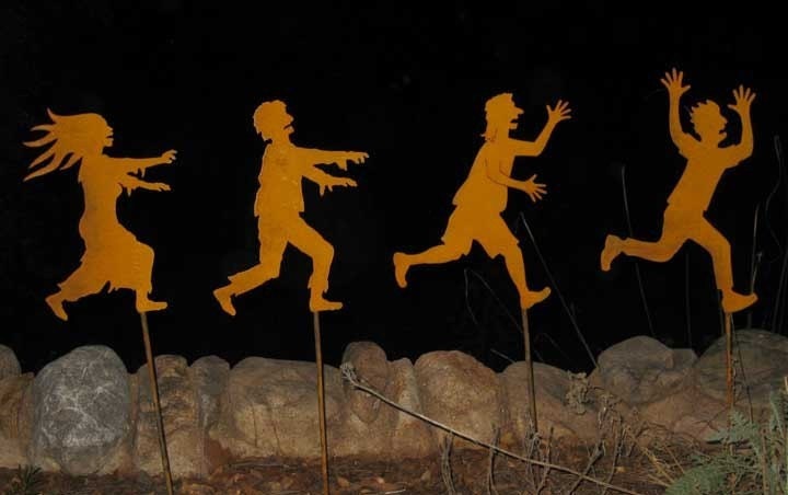 Zombies Chasing Victims Set of 4 Steel  Metal Garden Art
