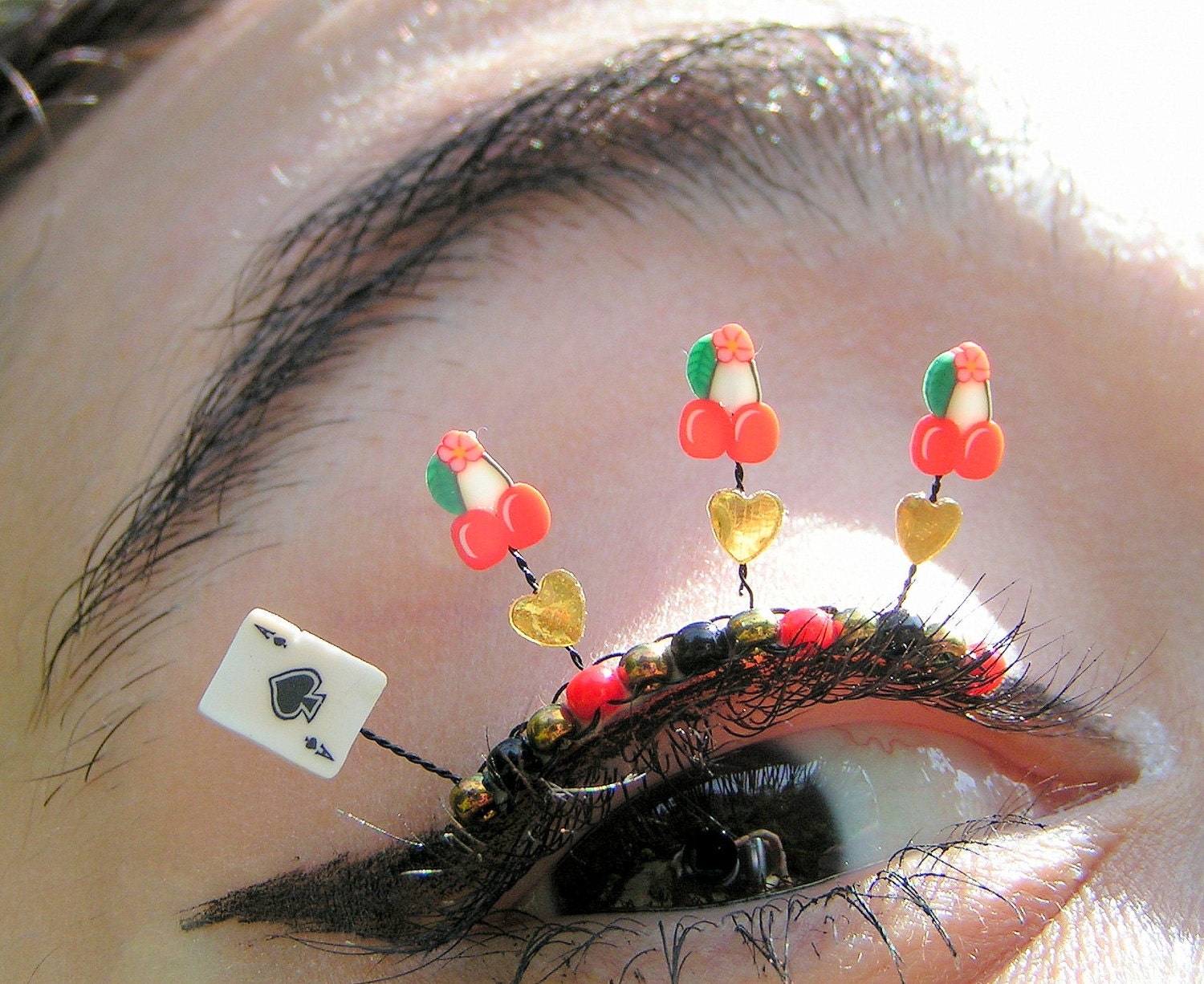 Viva Las Vegas Eyelash Jewelry - false eyelashes with cherries, ace of spades, gold hearts
